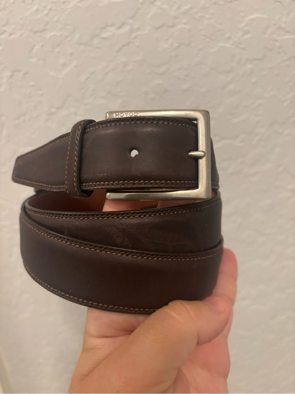 Coach Brown Leather Belt Mens 42 Nickel Buckle 3885 Topstitching